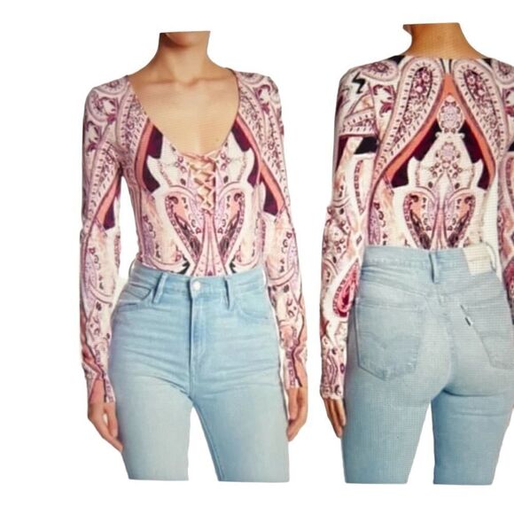 FREE PEOPLE Pick Place Bodysuit Ivory/burgundy, and multi coloring. - Picture 4 of 14